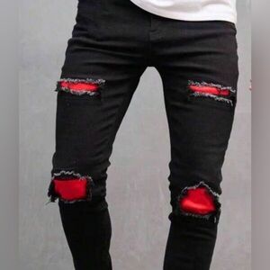 Men's Black Distressed Jeans with Red Accents
